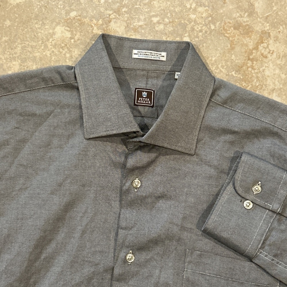 Peter Millar Shirt Men's Large 16.5 Grey Long Sleeve Button Cotton Golf Preppy